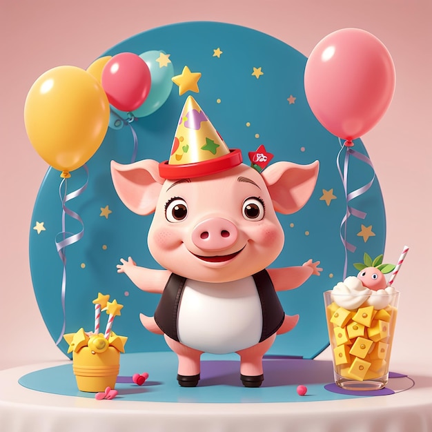 Празднование свиньи Милый свиньи День рождения вечеринка с воздушными шарами и соком мультфильм