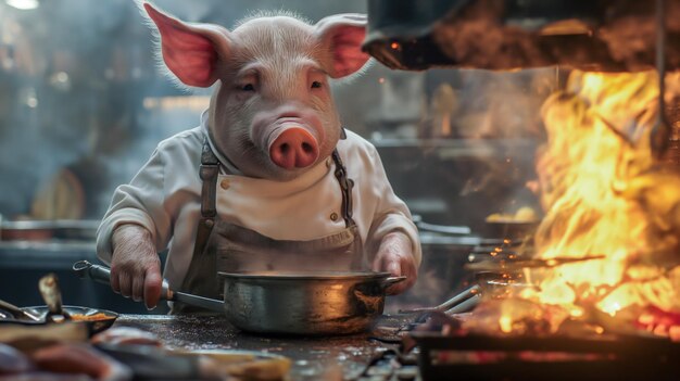 Piggy chef in de keuken