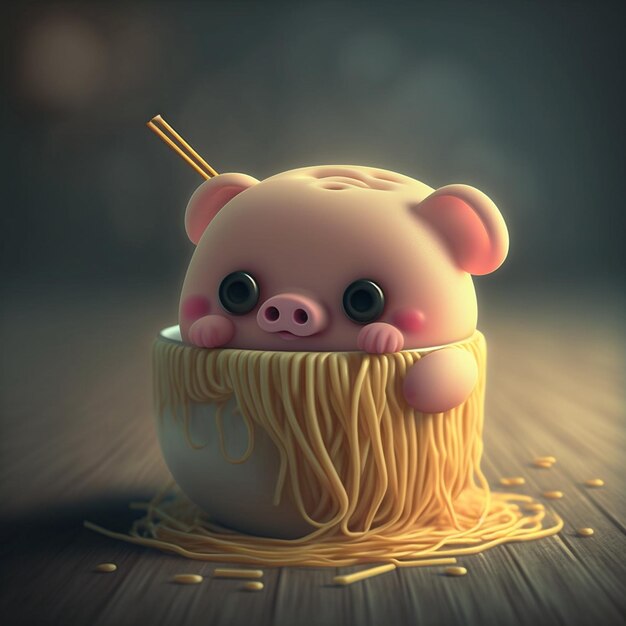 A piggy is in a cup of noodles and it is a piggy.