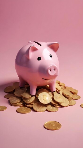 Piggy met munt geld besparing concept op roze achtergrond 3D rendering