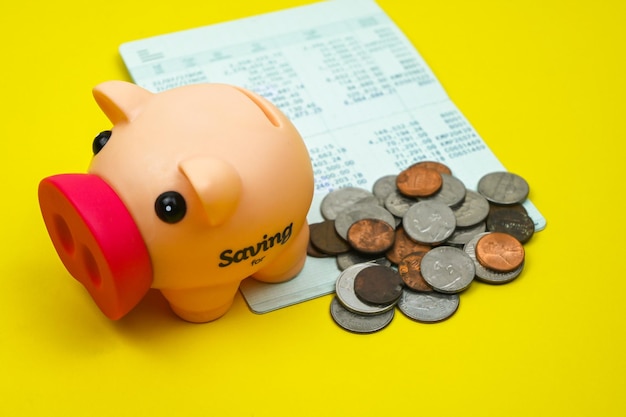 Piggy saving coins account book manage money and Plan your savings ideas for savings growth economy business and investing saving money wealth and financial concept