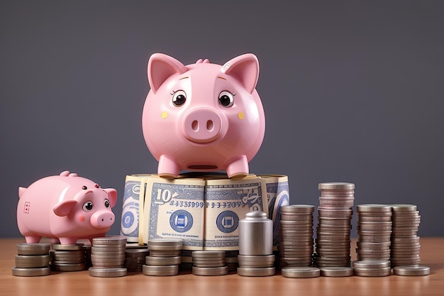 Piggy with coin money savings concept on pink background 3d rendering