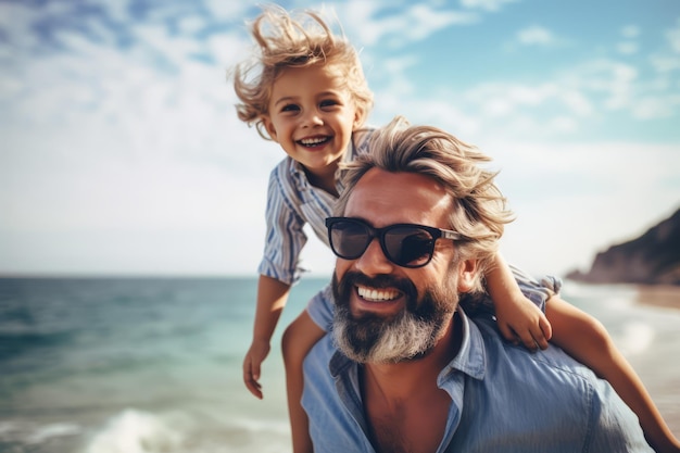 Piggyback sea or father with a child for a holiday vacation together with happiness in summer