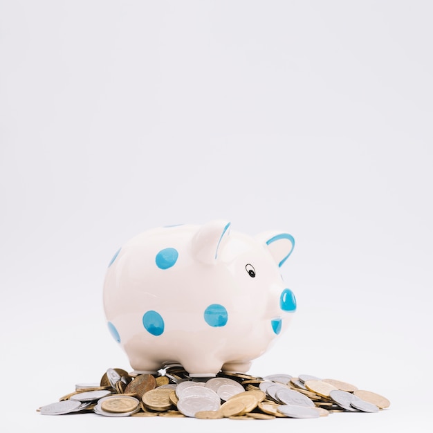 Photo piggybank over the coins against white background