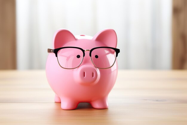 Piggybank with eyeglasses on wooden background