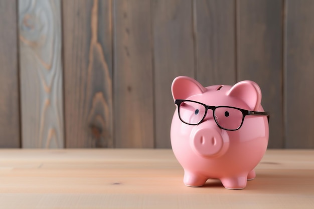 Piggybank with eyeglasses on wooden background