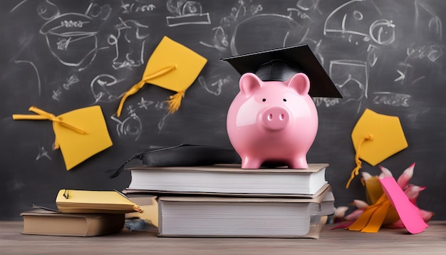 Photo piggybank with graduation cap on blackboard background