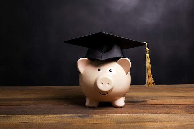 Piggybank with graduation cap on brown wooden background