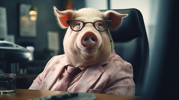 Photo pigheaded man sitting on an office chair