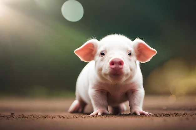 A piglet on the floor with a green background