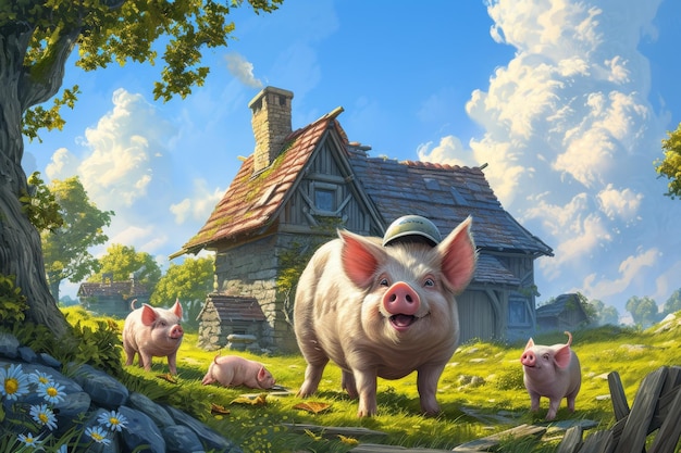 The piglet is standing near his house A cartoon character 3d illustration