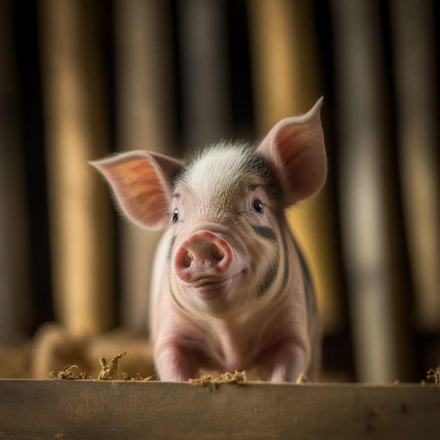 A piglet is standing in a wooden box.