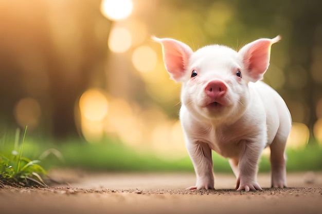 A piglet on a path in the grass