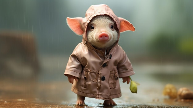 Photo a piglet in small raincoat and boots ar background