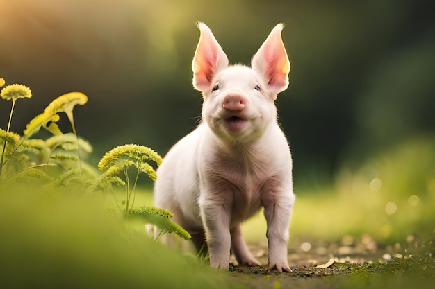 A piglet standing in a field with green plants in the background