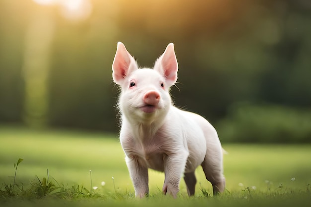 A piglet standing in a field with the sun shining on it