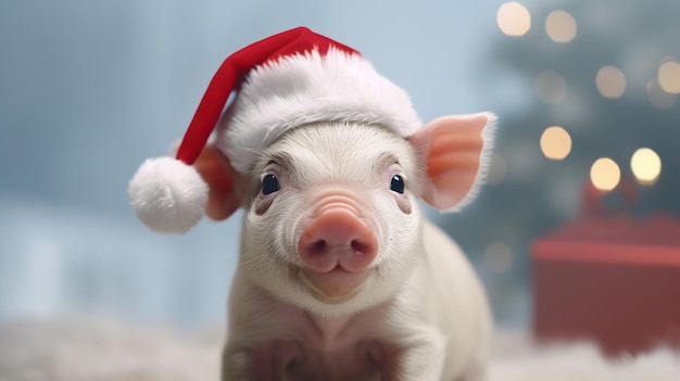 A piglet wearing a Santa hat