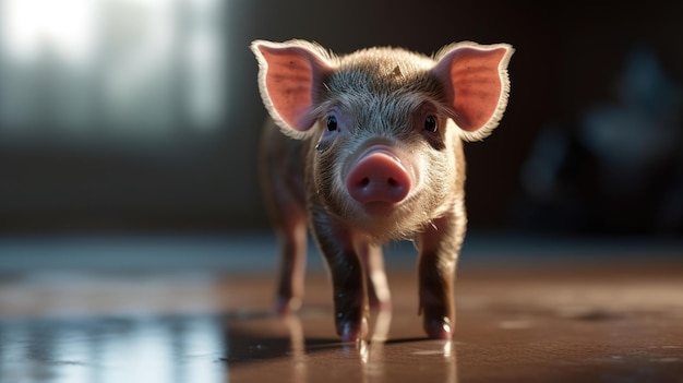 Piglet on a wet floor in a studio