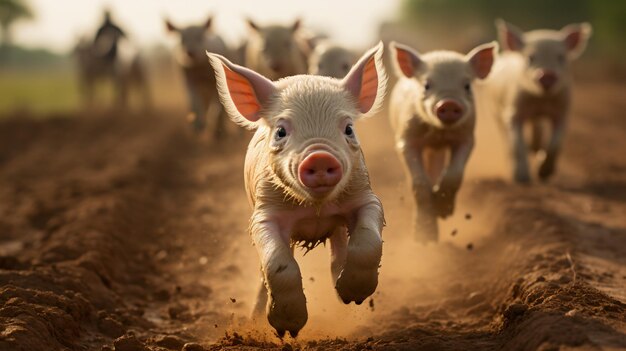 Piglets Running in a Field