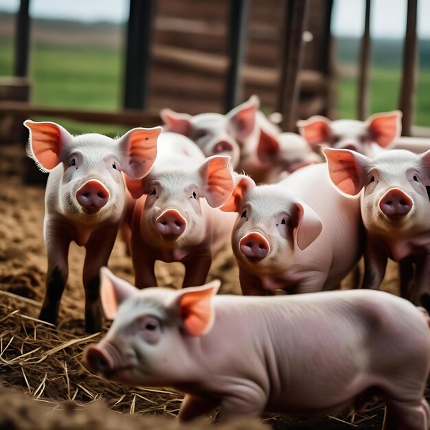 Photo pigs are lined up in a pen with one of them has a pink bow tie