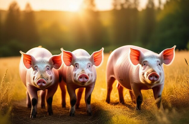 Pigs graze in a meadow on a farm