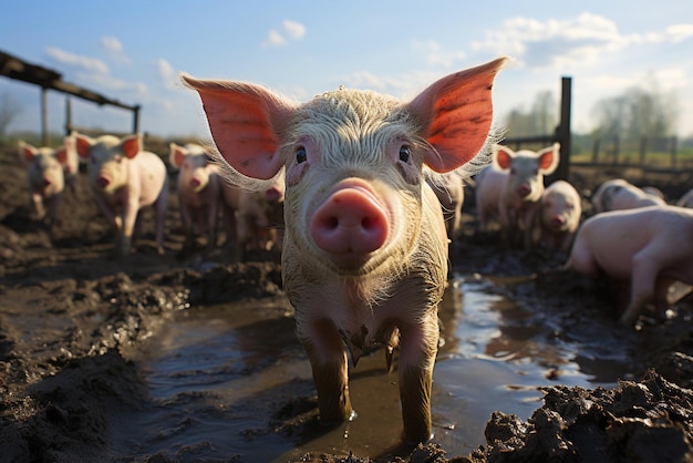 Pigs in a pig farm Pig looking at the camera