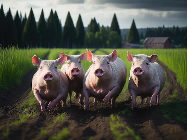 Pigs running through the farm ai generative