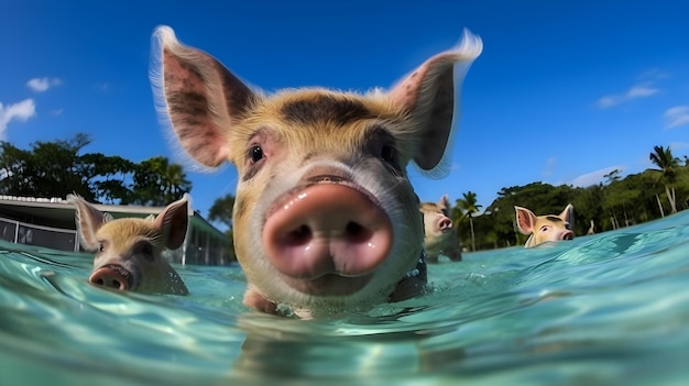 Pigs swimming in the water, bahamas