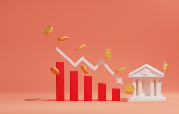 Pijlgrafiek witte pijlen wijzen naar beneden stapels munten die vallen met afnemende staafdiagrambank