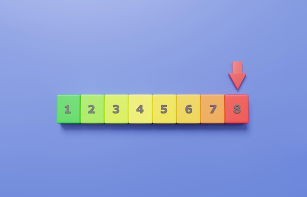 Pijlpunt Pointer rating hoog risico niveaus schaal snelheid nummer acht status rode snelheidsmeter pictogram prestaties zakelijke investeringen financieel op paarse achtergrond Minimale cartoon 3d render