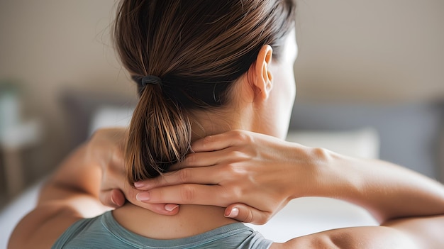 Foto pijn in de nekspier van blanke vrouw nape pijn en nuchal stijfheid concept