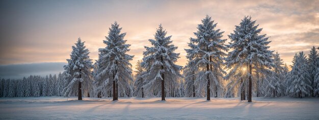 Pijnbomen bedekt met sneeuw op ijzige avond Prachtig winterpanorama