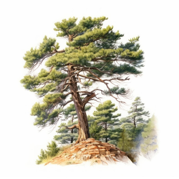 Pijnboom geïsoleerd op witte achtergrond Aquarel schilderij met de hand getekende illustratie