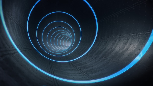 Pijp, lange donkere tunnel met futuristisch licht. 3D-rendering