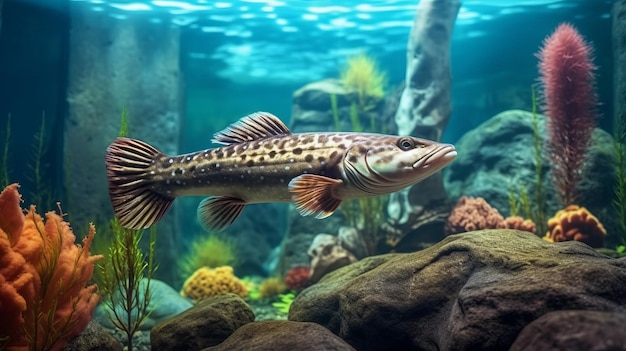 Pike In Aquarium With Plants And Stones