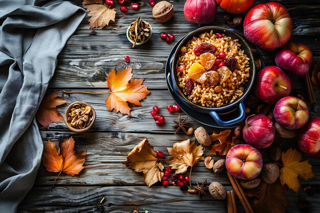 写真 テーブルの上に乾燥した果物と栗が付いた美味しい米のピラフ