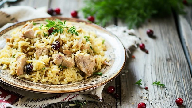 Pilaf op een bord met kippenvlees cranberries