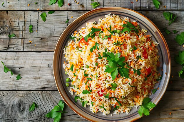 pilaf in a plate on wooden background top view copy space