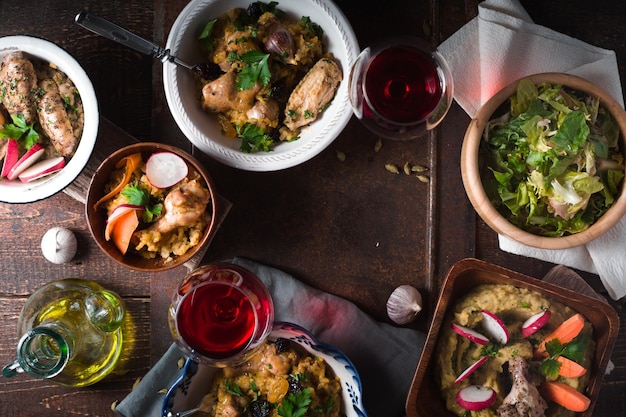 Pilaf Salad and drink on festive table