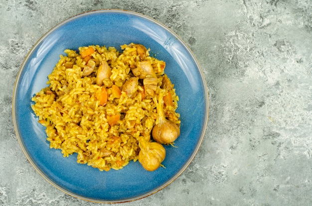 Pilaf with chicken fillet. Diet menu. Studio Photo.