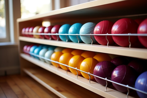 Pilates Exercise Balls Neatly Arranged on Mat