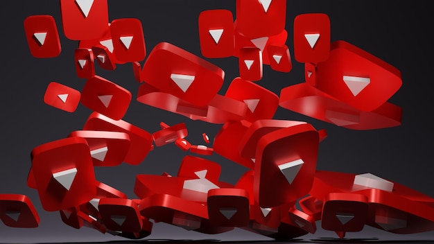 Mucchio di loghi dei pulsanti di riproduzione di youtube rendering 3d