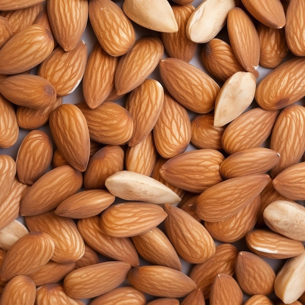 A pile of almonds are shown on a white surface.