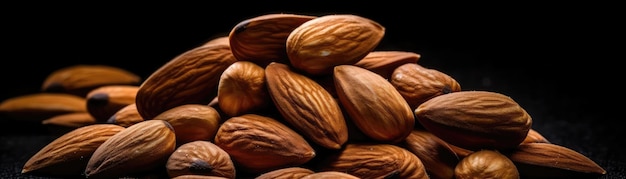 Photo pile of almonds on a black background generative ai