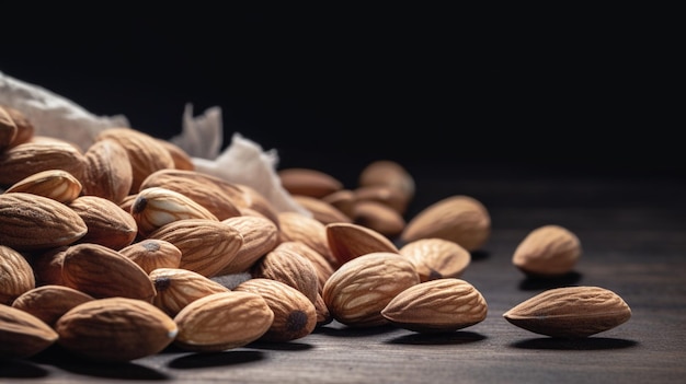 A pile of almonds on a black background