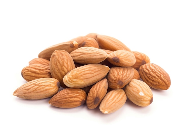 A pile of almonds on a white background