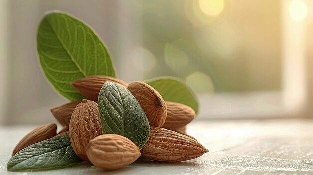 Pile of Almonds With Green Leaf