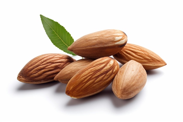 A pile of almonds with a leaf on top