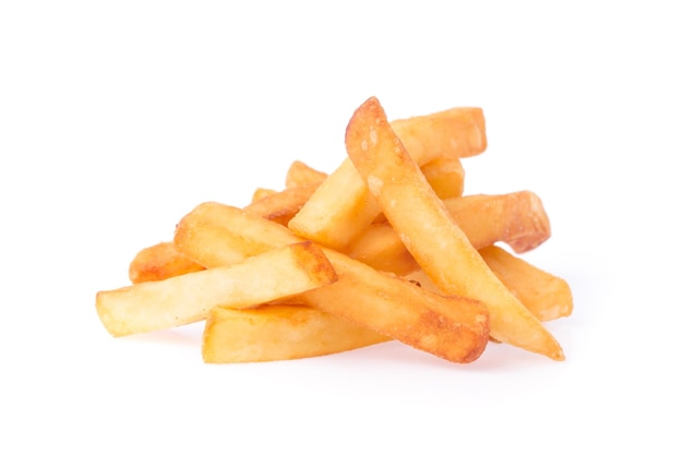 a pile of appetizing french fries isolated on a white background
