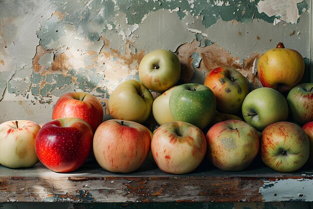 A pile of apples sitting on top of a wooden table